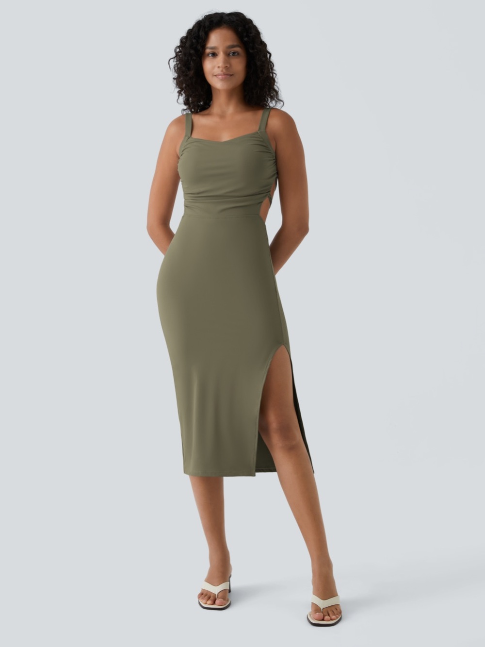 Halara SoftlyZero™ Airy Ruched Lace Up Bodycon Midi Casual Dress - Picture 1 of 5